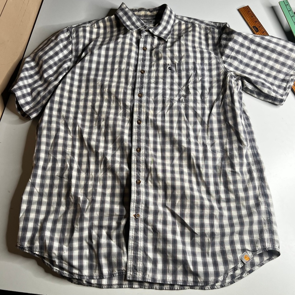 Carhartt Mens Relaxed Fit Plaid Short Sleeve Button Down Shirt XL Tall Navy